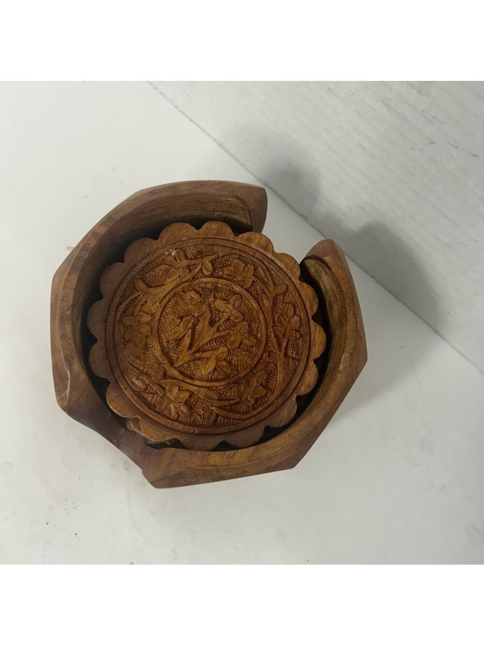 Vintage Wooden Drink Coasters Floral Pattern Hand Carved Round Set of 4 Boho